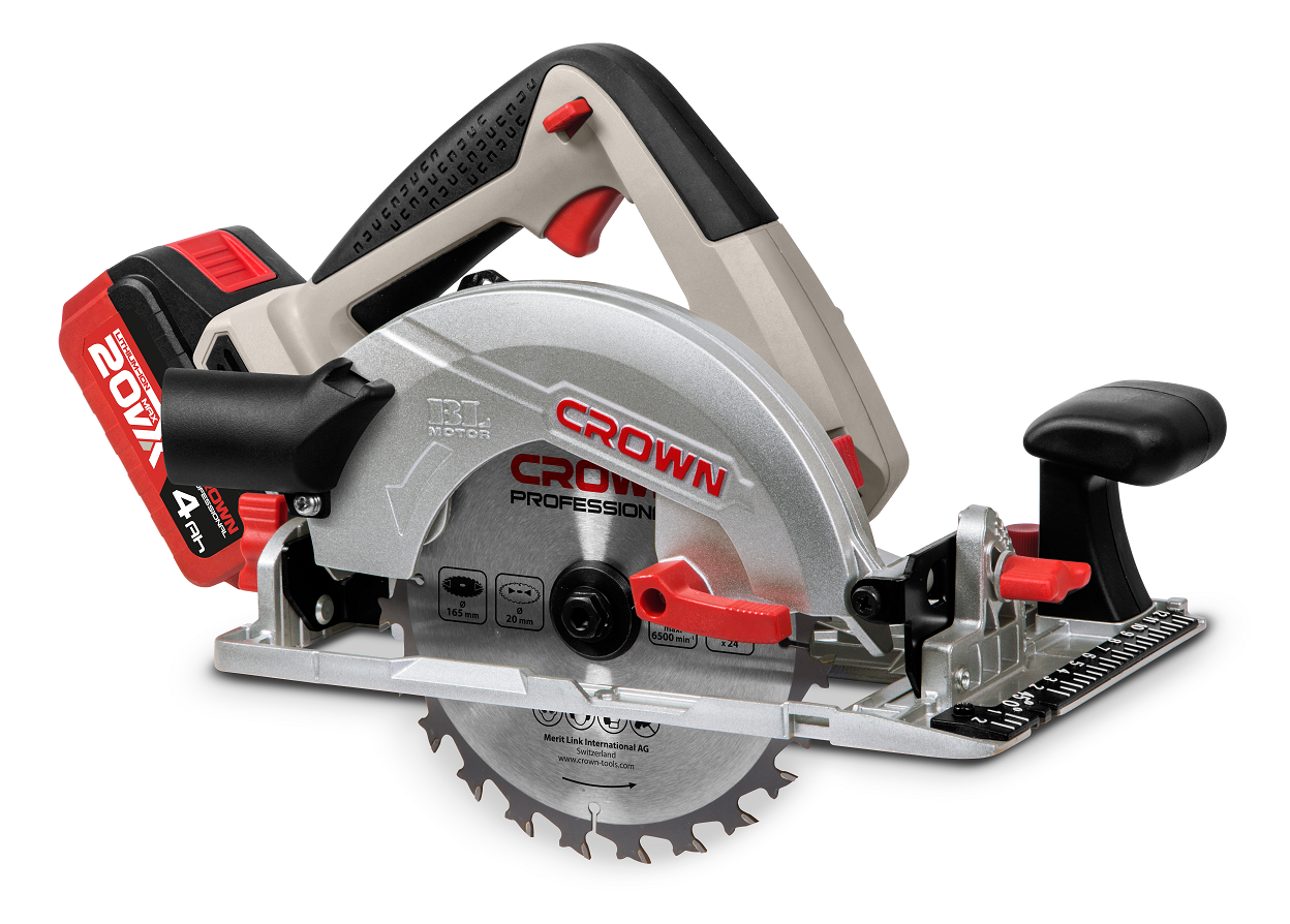 CROWN,CT25002-165HX,Professional Cordless Circular Saw ( With Battery & Charger ), 20V, 4.0Ah, 165mm, 90/45/50°, 57/41/37mm; CT25002-165HX