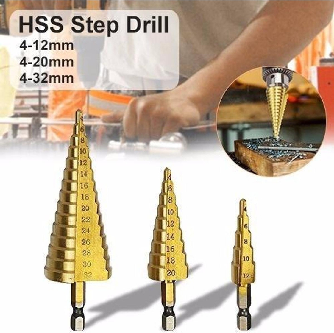 HSS Step Drill Bit Set | Titanium Coated Straight Groove | Hex Shank Hole Cutter | 3-12mm, 4-12mm, 4-20mm