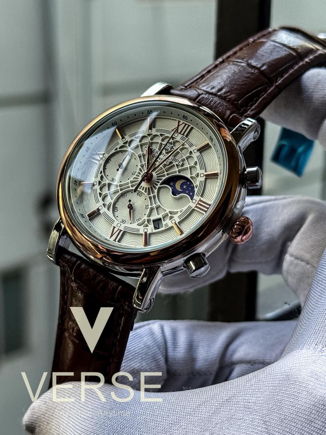 Patek brown belt rosegold case spider white dial