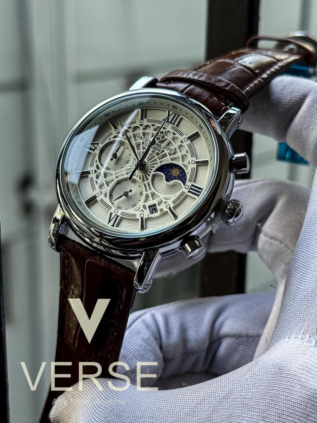 Patek brown belt silver case spider white dial