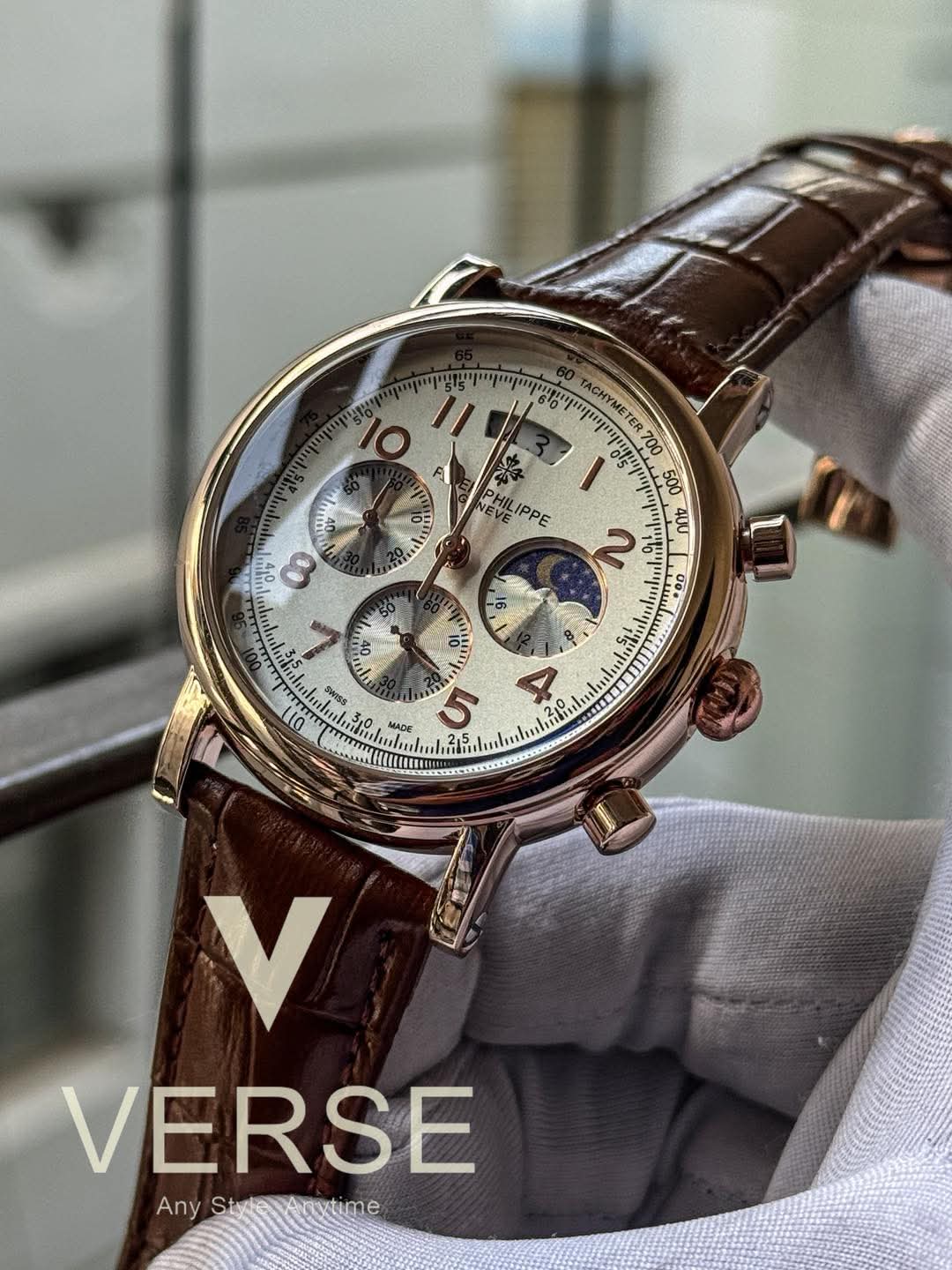 Patek brown belt simple white dial rose gold case