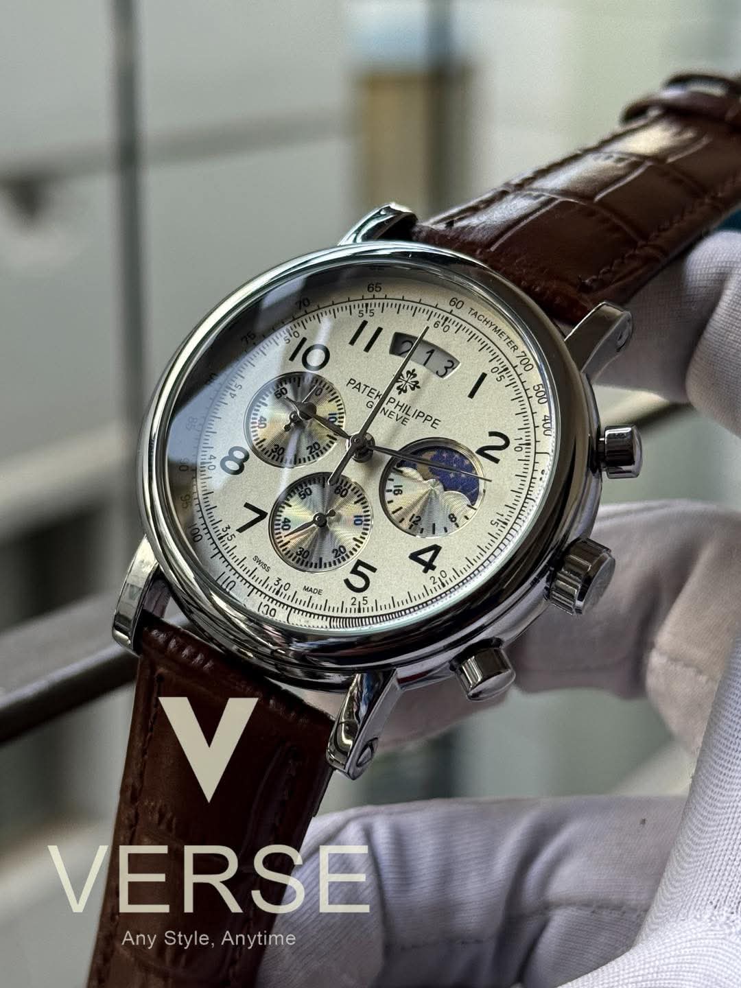 Patek brown belt simple white dial silver case