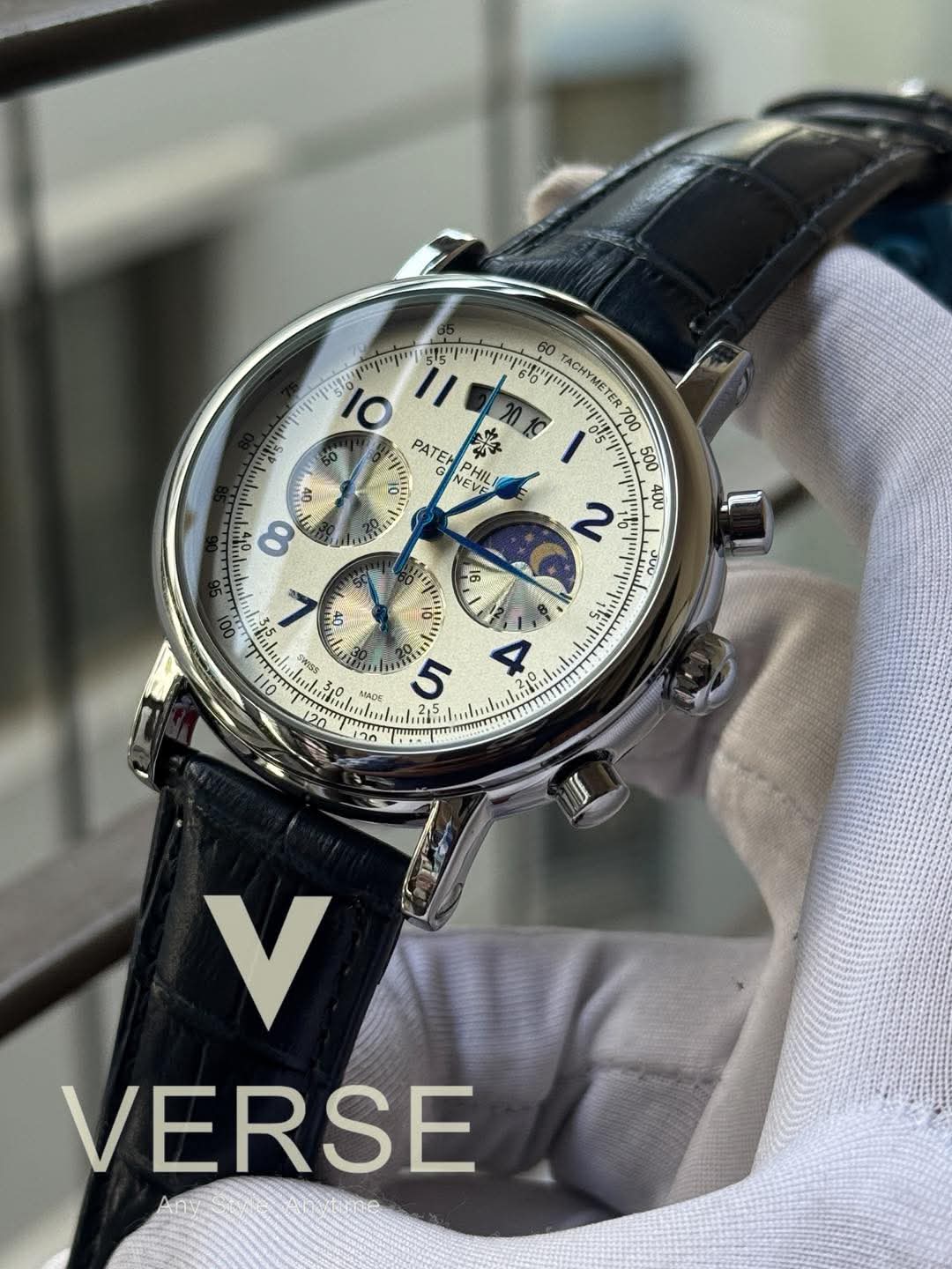 Patek black belt simple white dial silver case