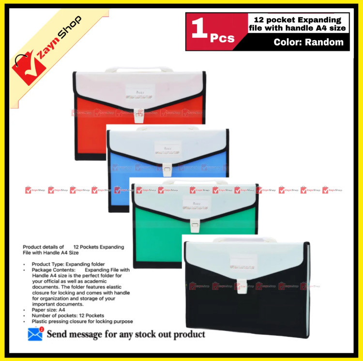 Expanding Pocket File with Handle 12 Pockets A4 Size Random Color 1 Pcs_img_0