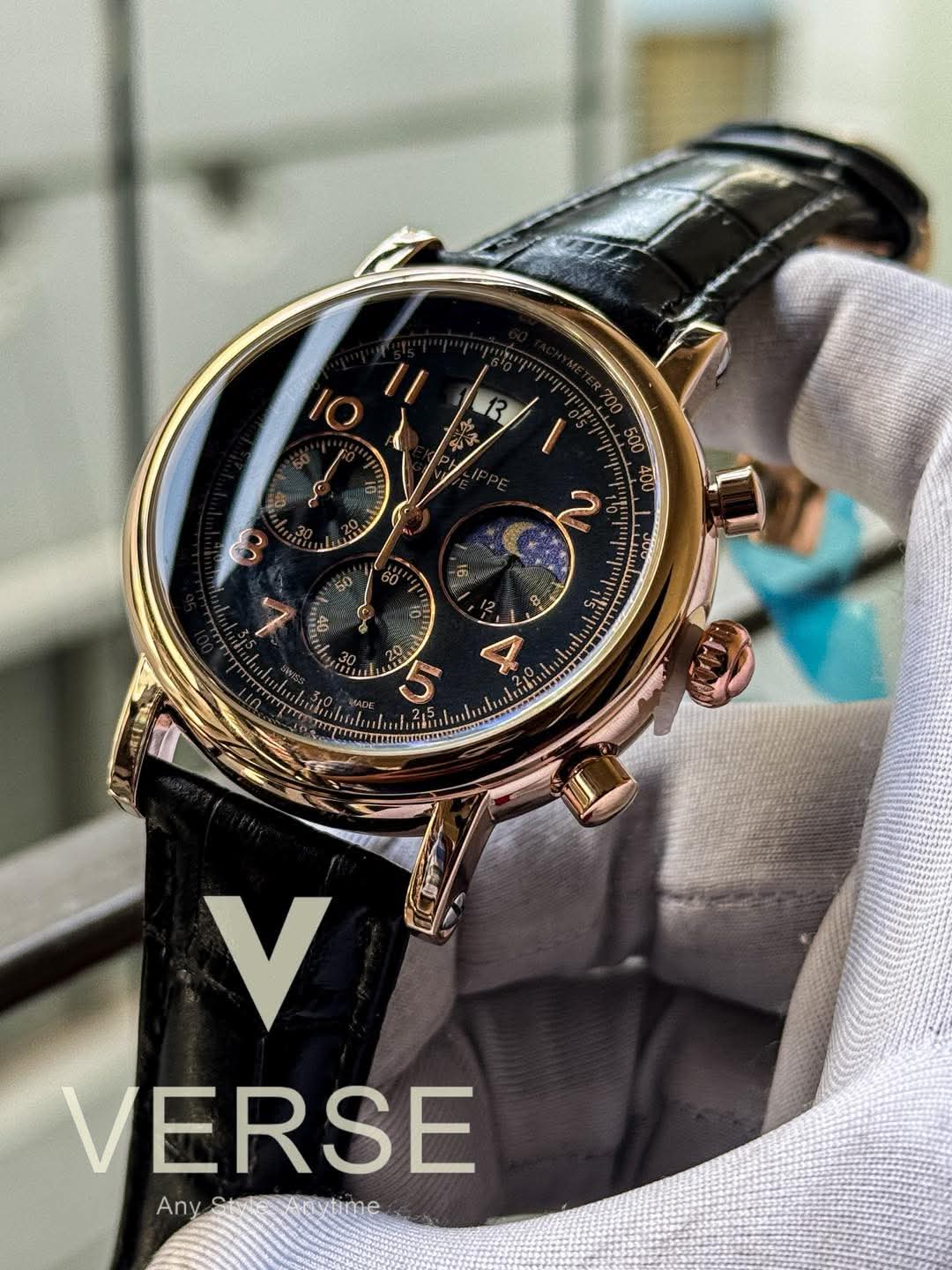 Patek black belt simple blackdial rose gold case