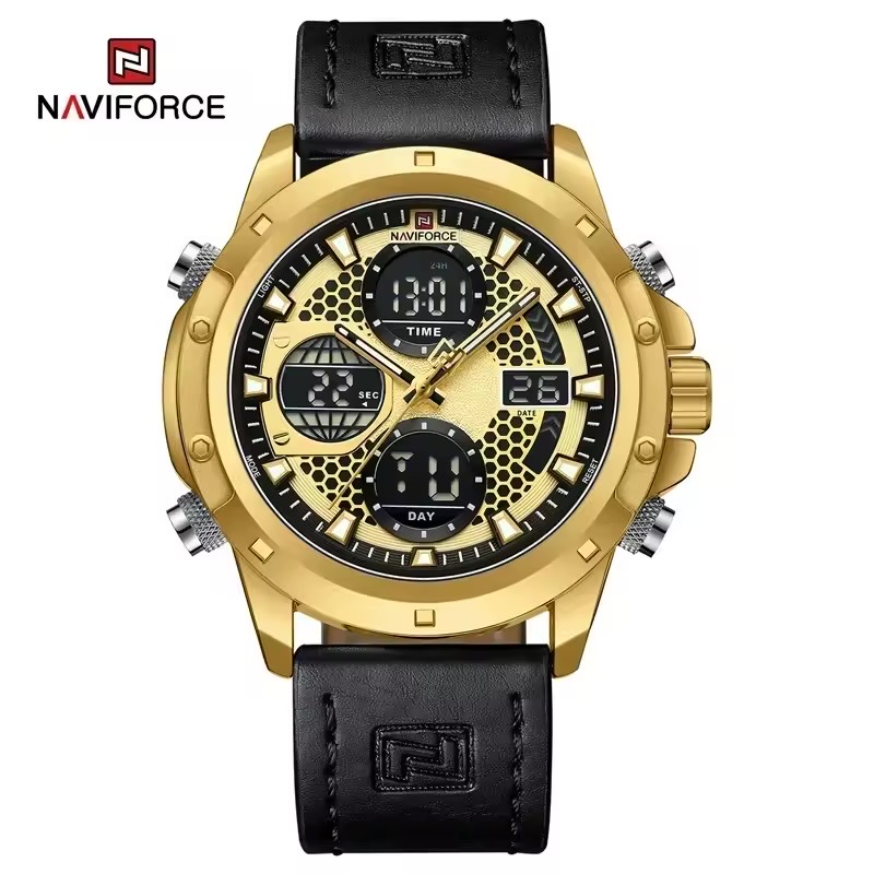 Naviforce 9225 Two Time Gents Belt Watch- Golden Dial- Golden Bezel- Black Belt- TF Code NF982BM_img_0