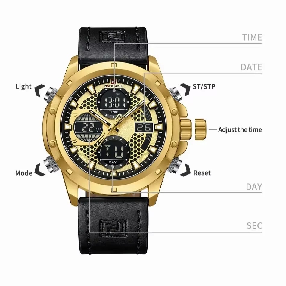 Naviforce 9225 Two Time Gents Belt Watch- Golden Dial- Golden Bezel- Black Belt- TF Code NF982BM_img_2