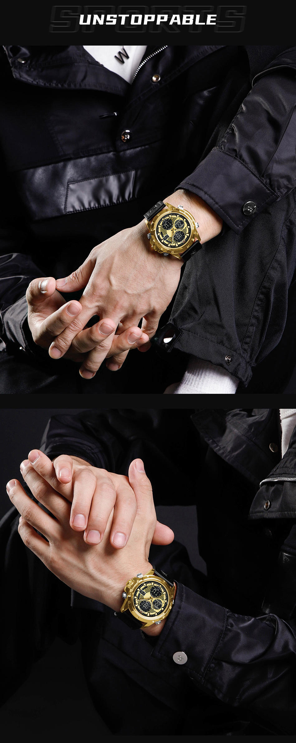 Naviforce 9225 Two Time Gents Belt Watch- Golden Dial- Golden Bezel- Black Belt- TF Code NF982BM_img_3