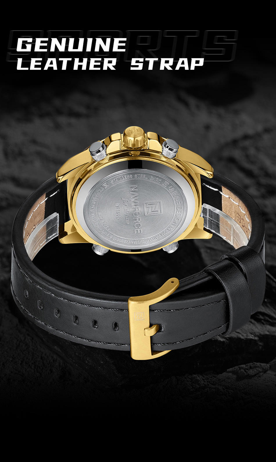 Naviforce 9225 Two Time Gents Belt Watch- Golden Dial- Golden Bezel- Black Belt- TF Code NF982BM_img_7