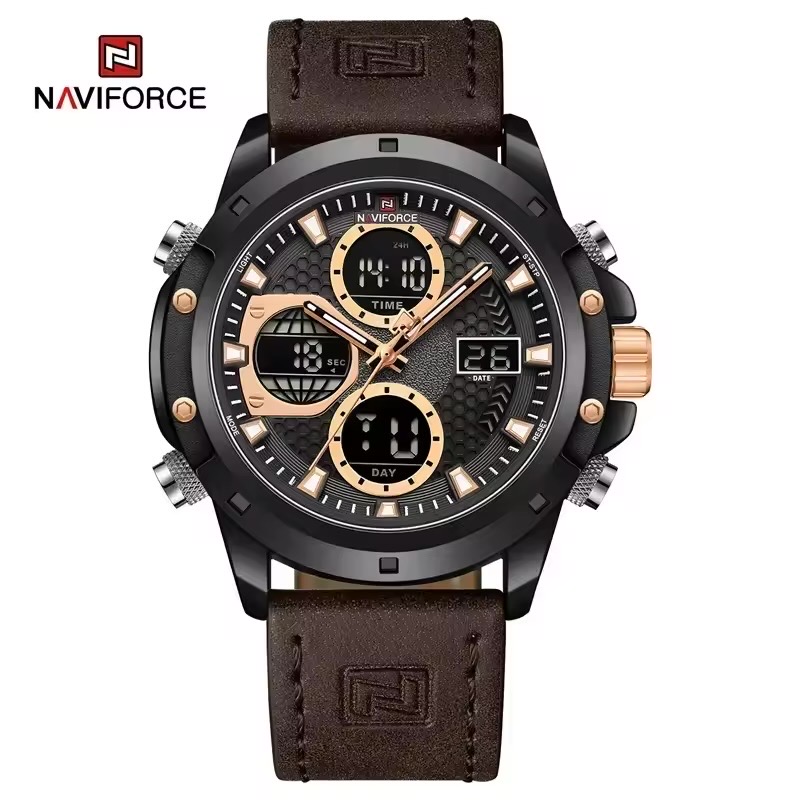 Naviforce 9225 Two Time Gents Belt Watch- Black Dial with Rose Golden Markings- Black Bezel- Chocolate Belt- TF Code NF981BM_img_0