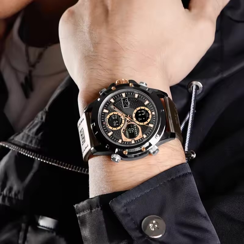 Naviforce 9225 Two Time Gents Belt Watch- Black Dial with Rose Golden Markings- Black Bezel- Chocolate Belt- TF Code NF981BM_img_3