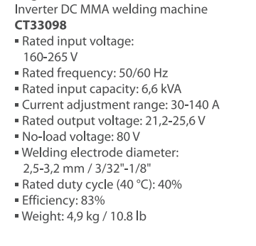 CROWN CT33098 Professional Inverter DC MMA Welding Machine, 160-265V, 30-140A, 2.5-3.2mm; CT33098_img_2