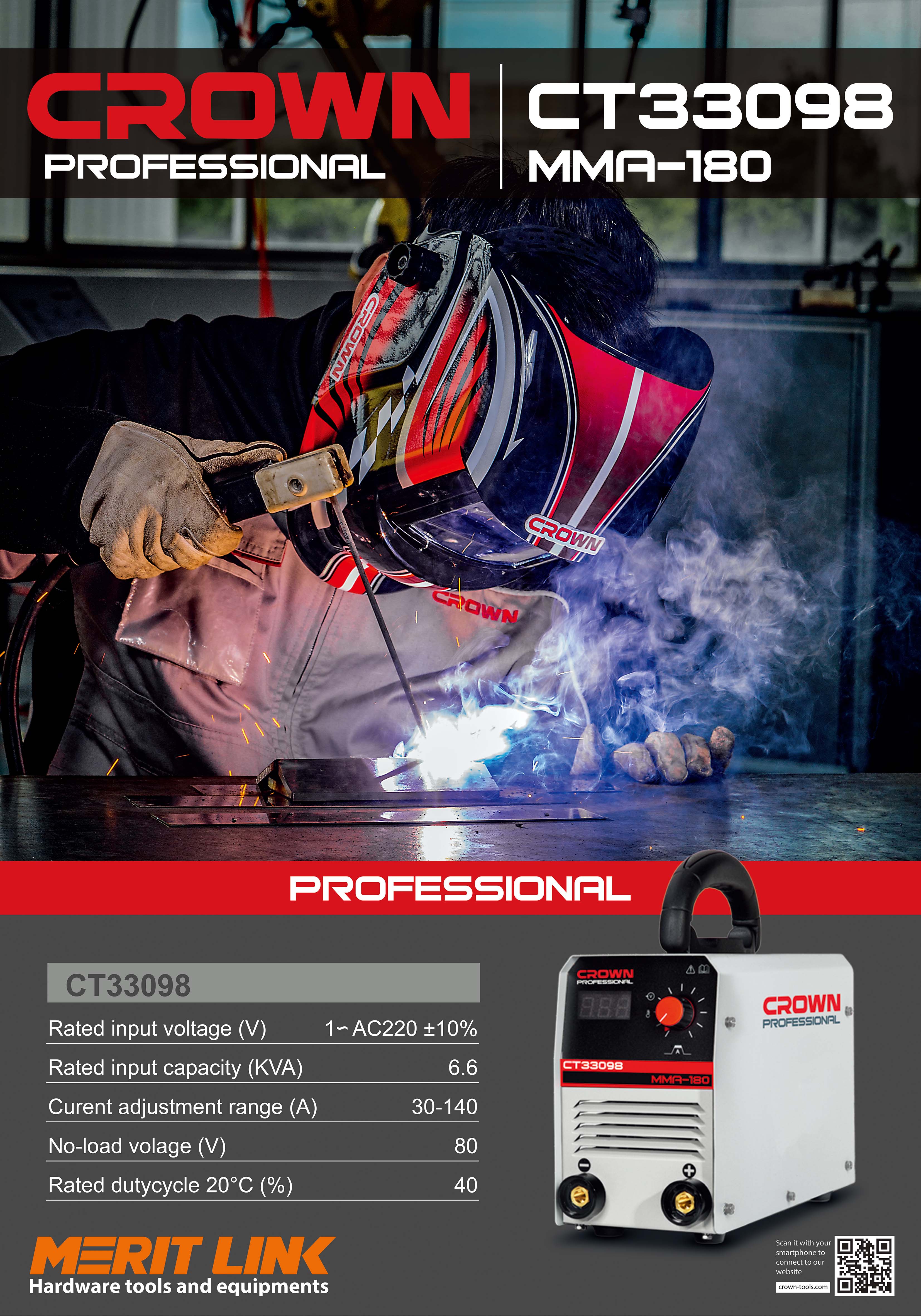 CROWN CT33098 Professional Inverter DC MMA Welding Machine, 160-265V, 30-140A, 2.5-3.2mm; CT33098_img_5