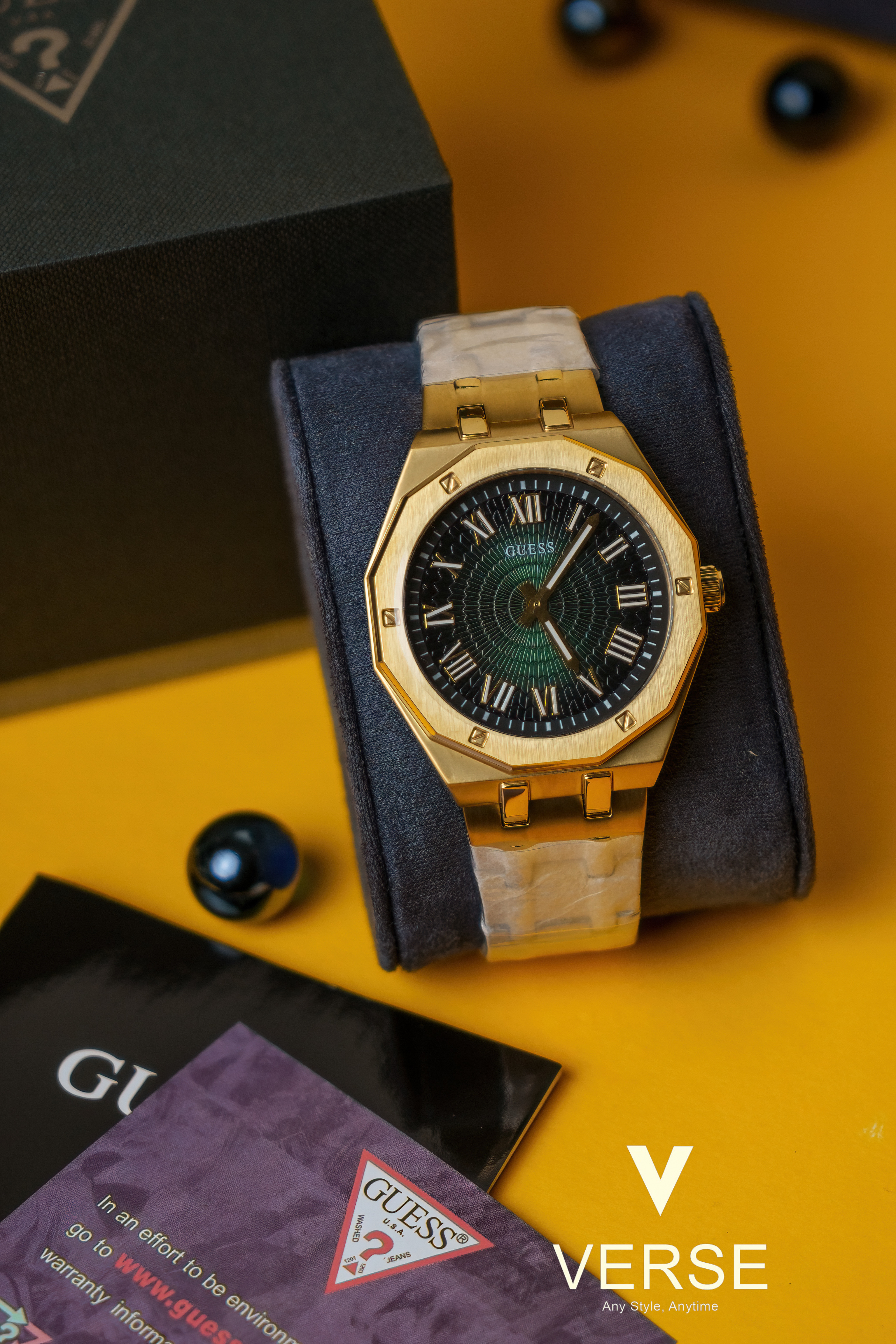 GUESS Asset GW0575G2 Men’s 42.5 mm Gold-Tone Watch – Green Sunburst Dial