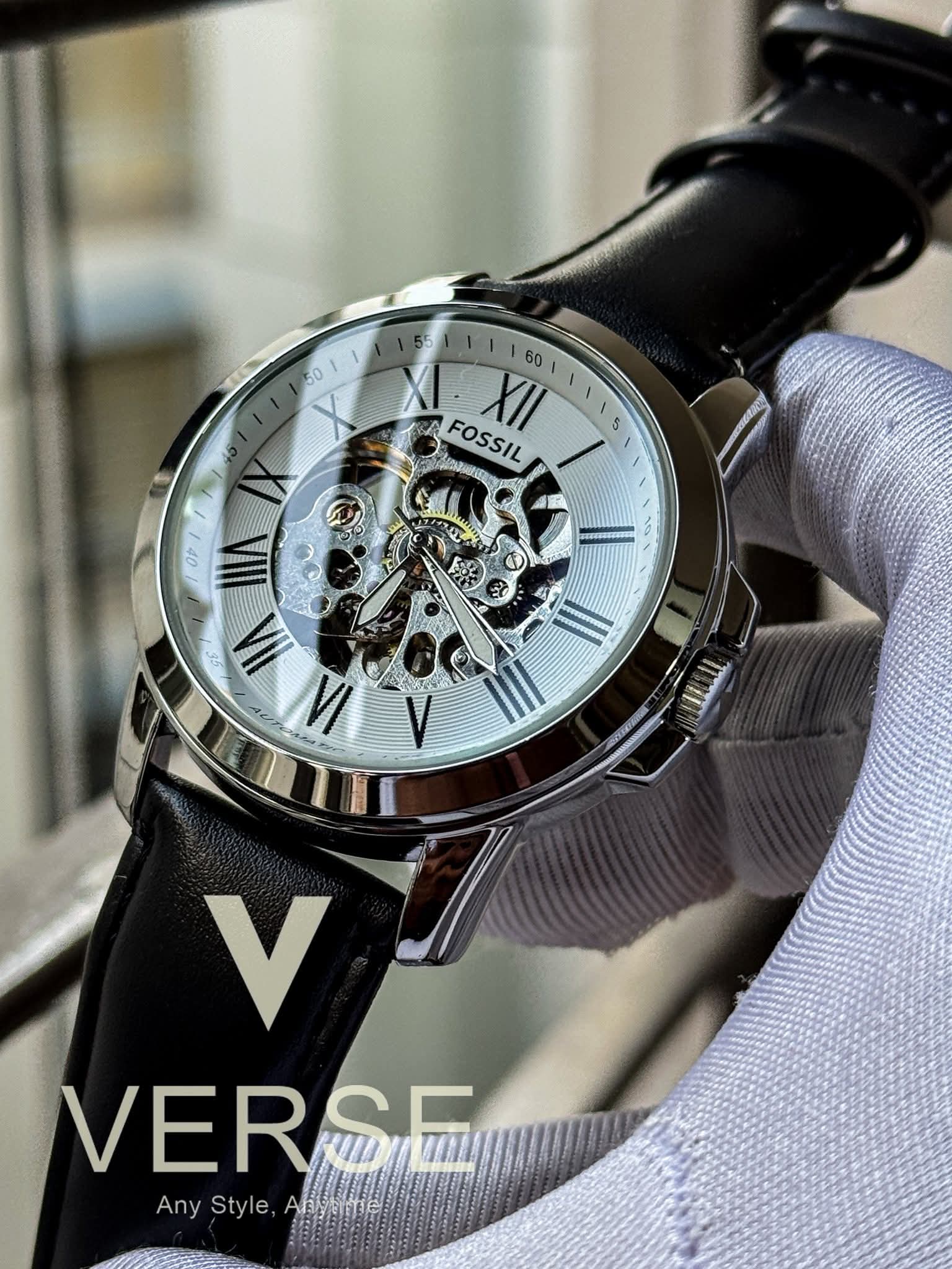 Fossil Grant Automatic Black Belt White Dial Silver Case