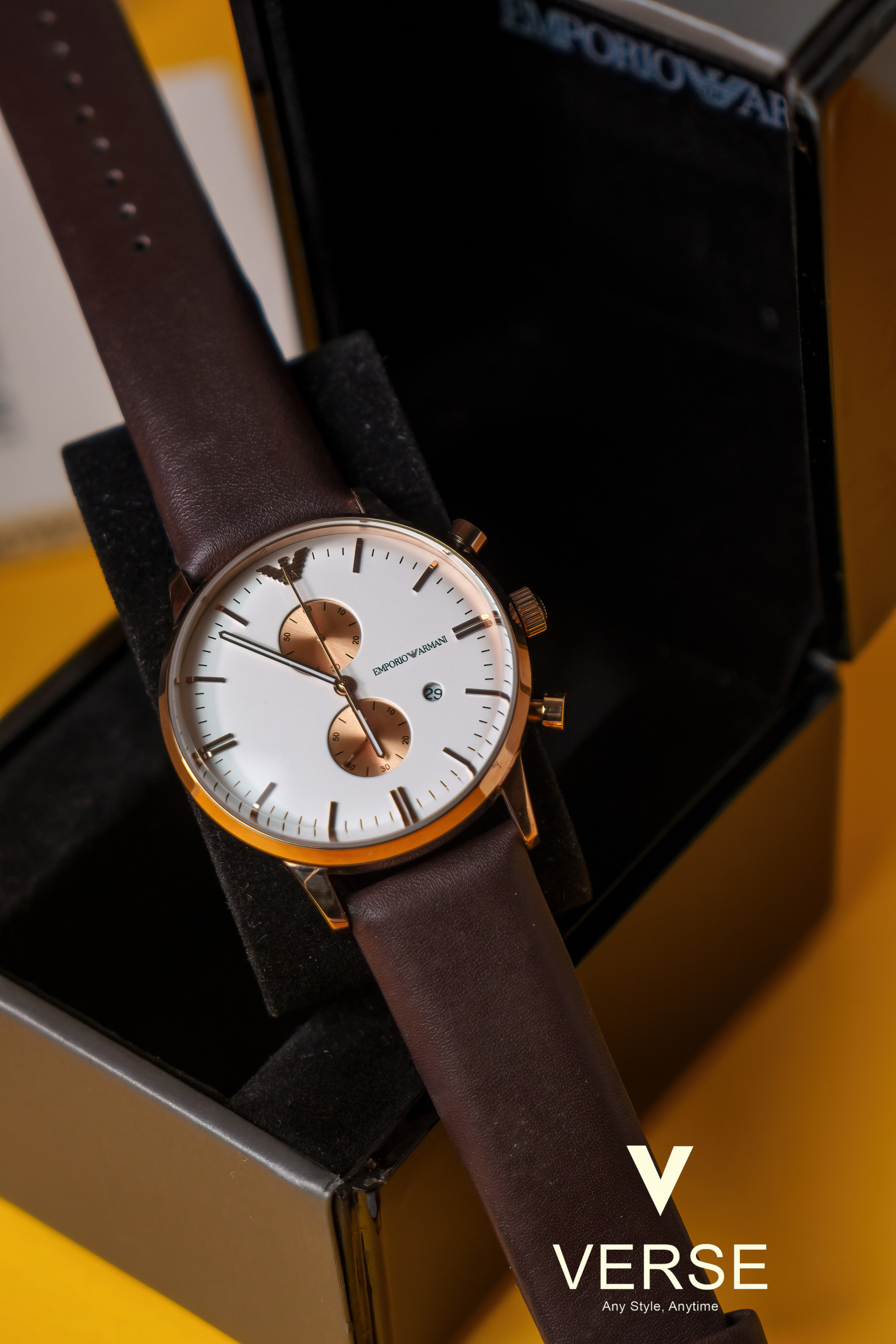 Emporio Armani AR0398 Men’s 43 mm Rose-Gold Chronograph – White Dial, Brown Leather Strap