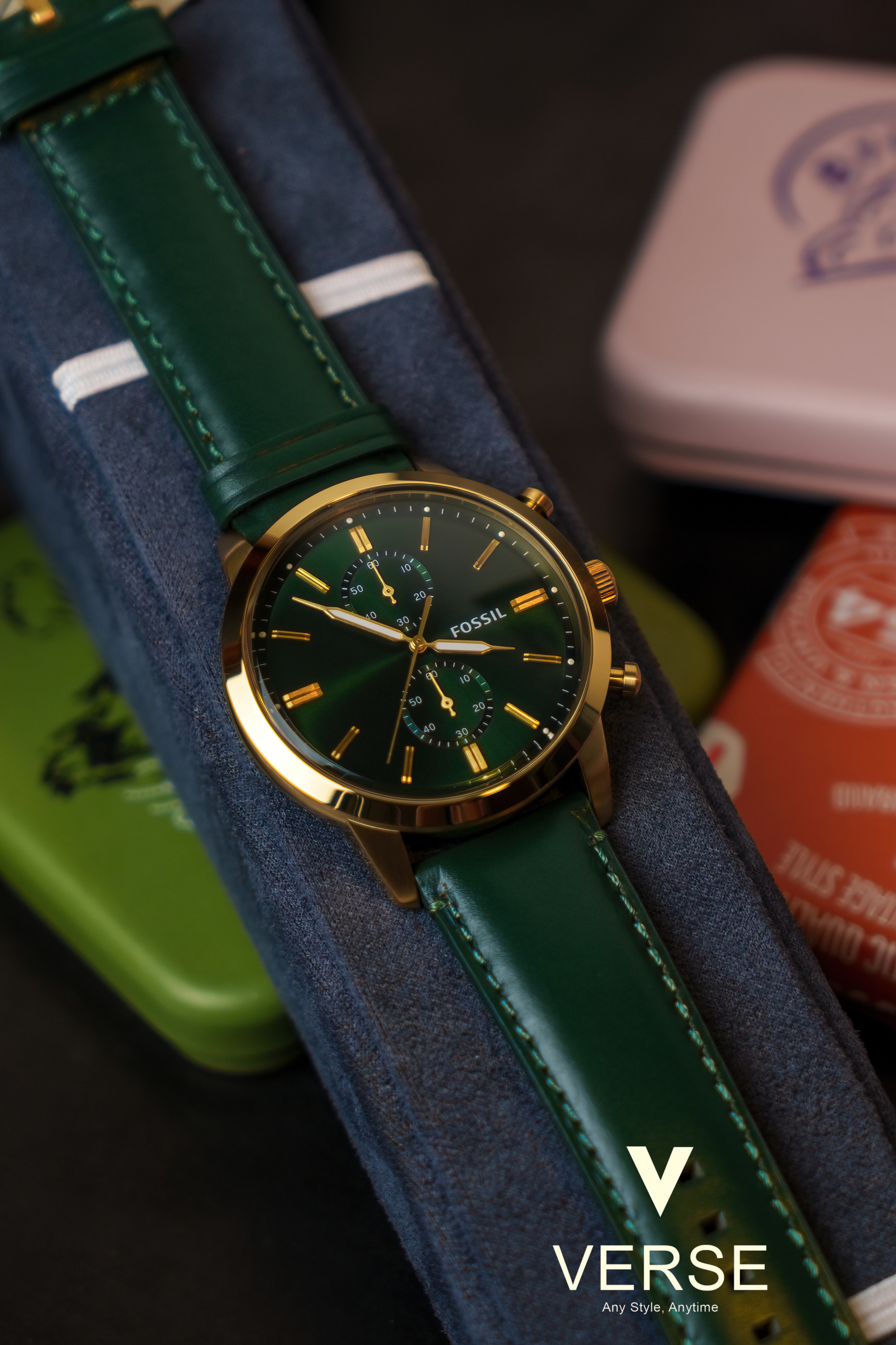 Fossil Townsman FS5599 Men’s 44 mm Green Chronograph – Gold-Tone Steel & Leather Strap