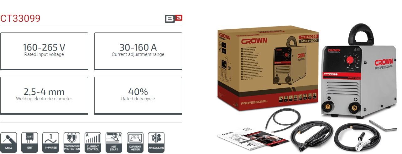 CROWN CT33099 Professional Inverter DC MMA Welding Machine, 160-265V, 30-160A, 2.5-4mm; CT33099_img_3