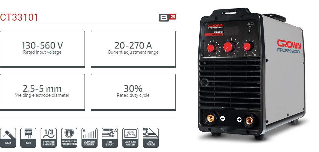 CROWN CT33101 Professional Inverter DC MMA Welding Machine, 130-560V, 20-270A, 2.5-5mm; CT33101_img_1