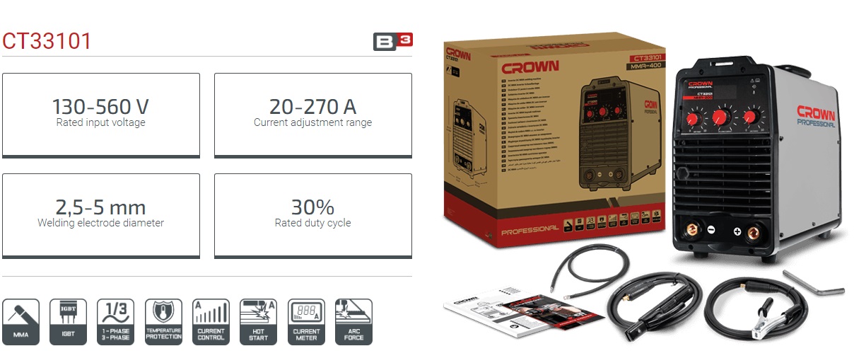 CROWN CT33101 Professional Inverter DC MMA Welding Machine, 130-560V, 20-270A, 2.5-5mm; CT33101_img_2