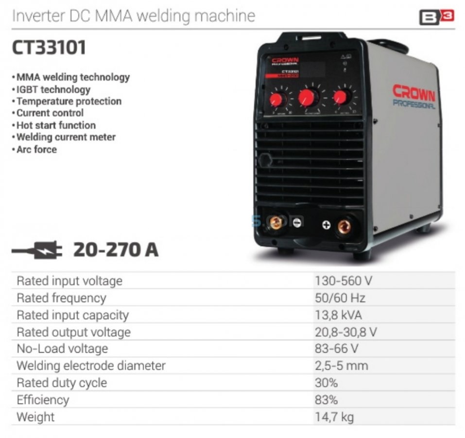 CROWN CT33101 Professional Inverter DC MMA Welding Machine, 130-560V, 20-270A, 2.5-5mm; CT33101_img_4