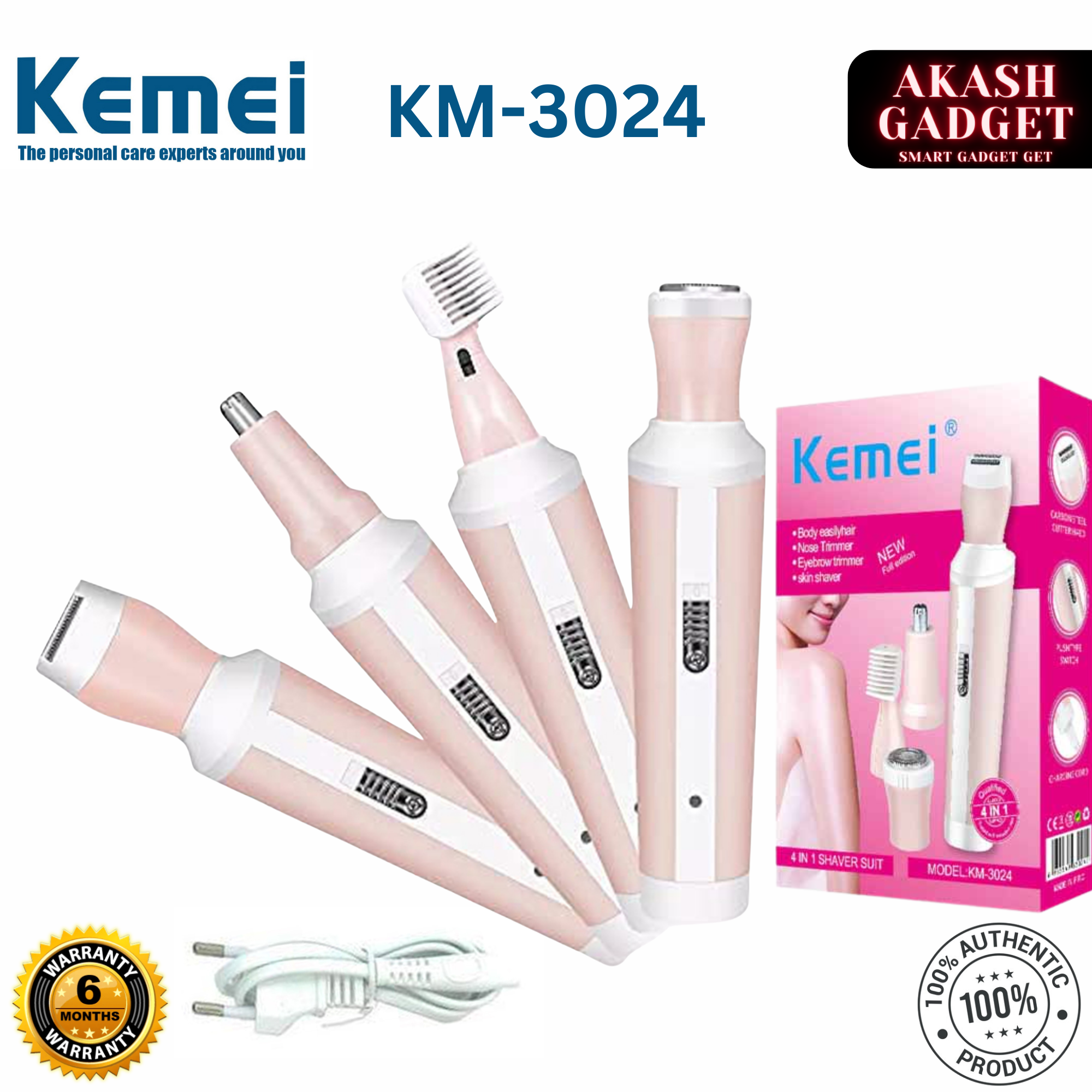 Kemei KM-3024 Multifunctional 4 in 1 Face, Eyebrow, Nose, & Lady Shaver for Women