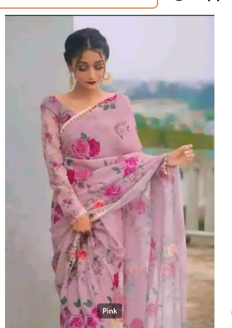 এক্সক্লুসিভ ডিজাইনের গোলাপী রঙের জর্জেট প্রিন্টেড পার্ল লেইস শাড়ি ম্যাচিং ব্লাউজ পিস স...