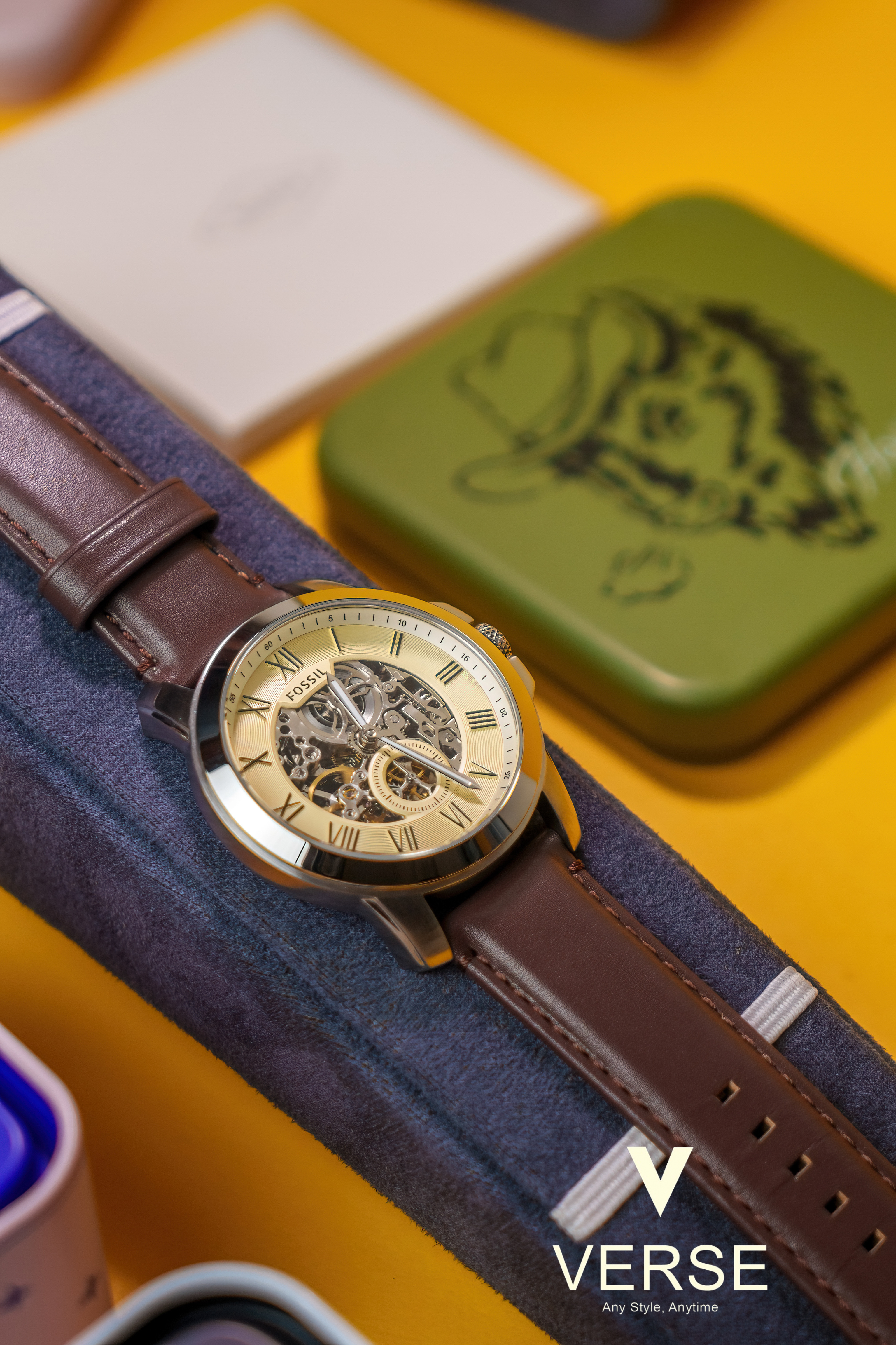 Fossil Grant ME3052 Men’s 44 mm Automatic Skeleton Dial Watch – Brown Leather