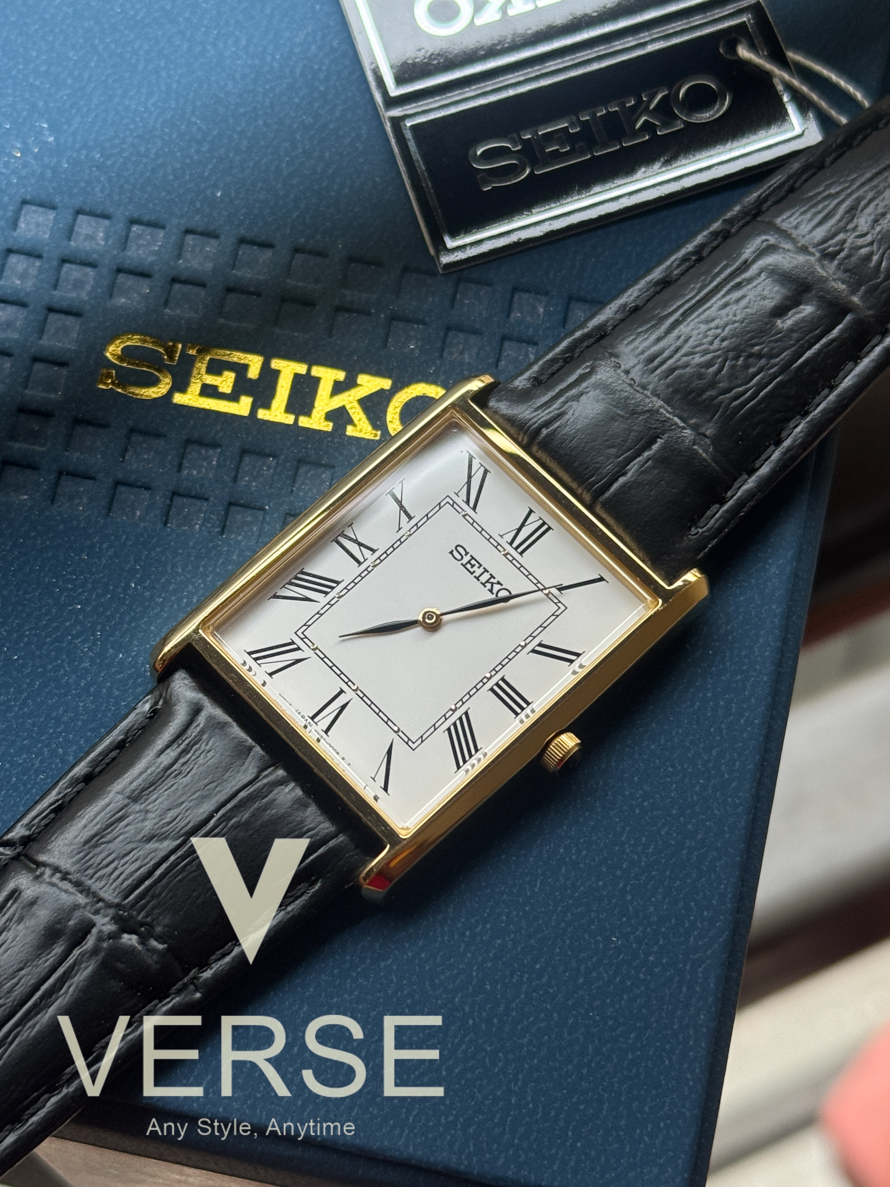 Seiko SWR052 Men’s 28 mm Gold‑Tone Quartz Dress Watch – White Roman Dial & Black Leather
