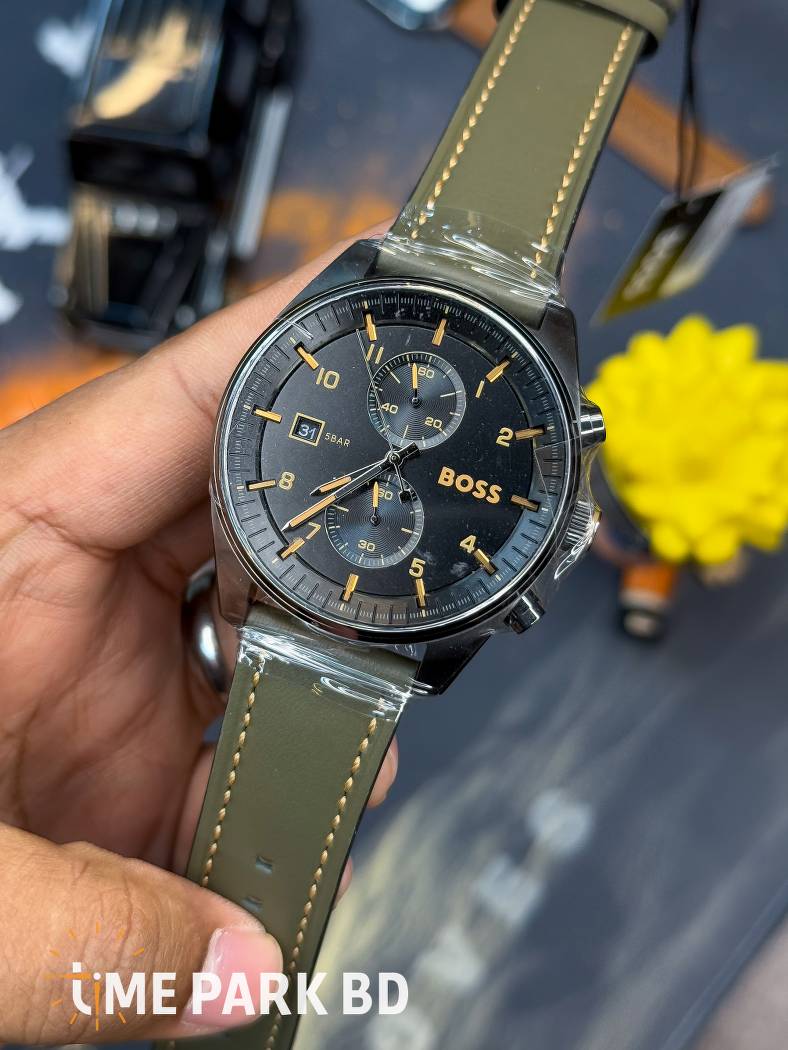 Hugo Boss Leather Belth Authentic | Olive Green with Black chronoghraph |