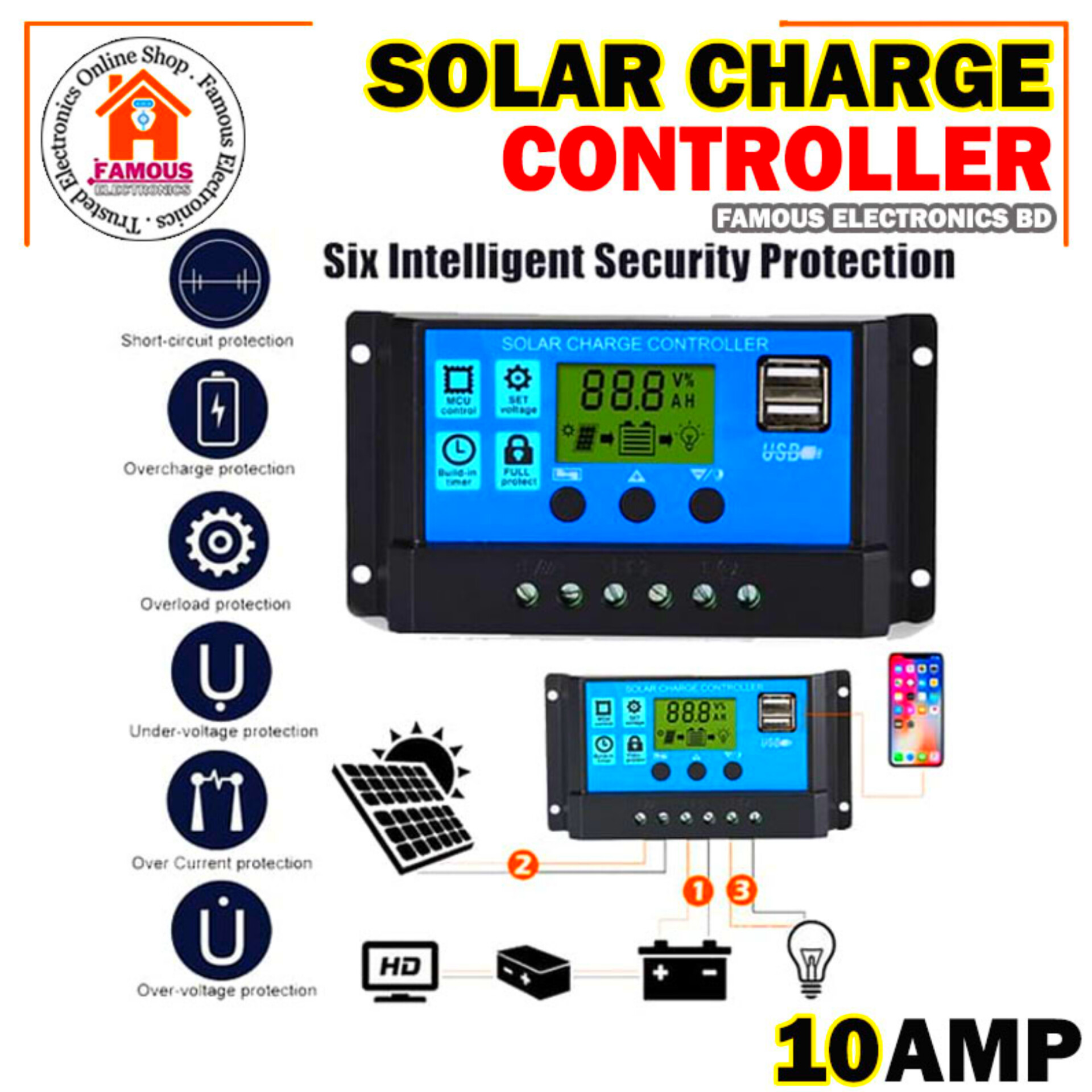 Solar Panel Controller Auto Battery Charge Regulator 10A 12V 24V PWM Controller LCD Dual USB_img_1