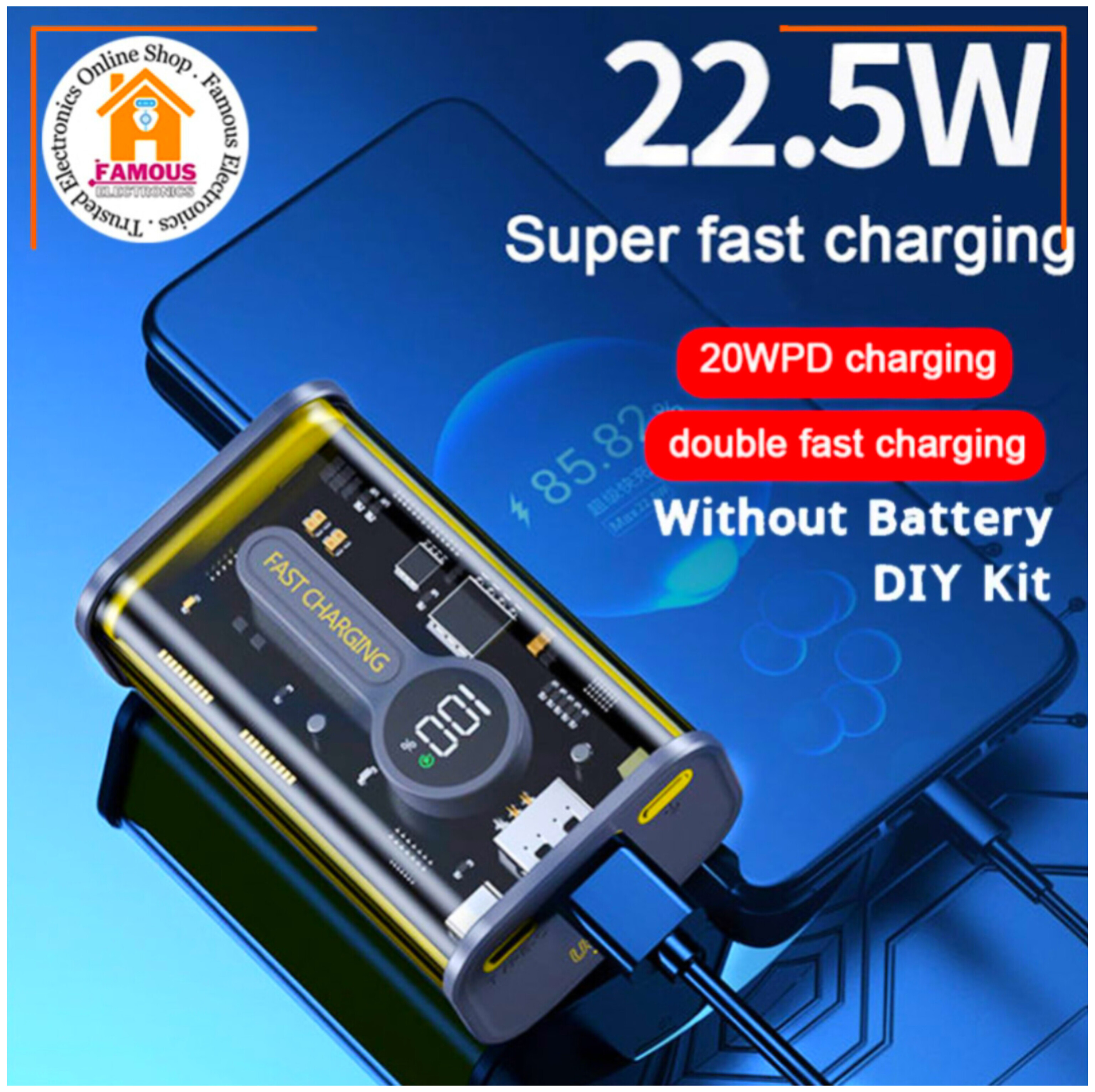 PD22.5W Nothing Power Bank Case Transparent Power Bank Fast Charging External Battery for Mobile and others Battery Charger (Without Battery) Used 2 cell 18650 model Li-ion battery_img_1