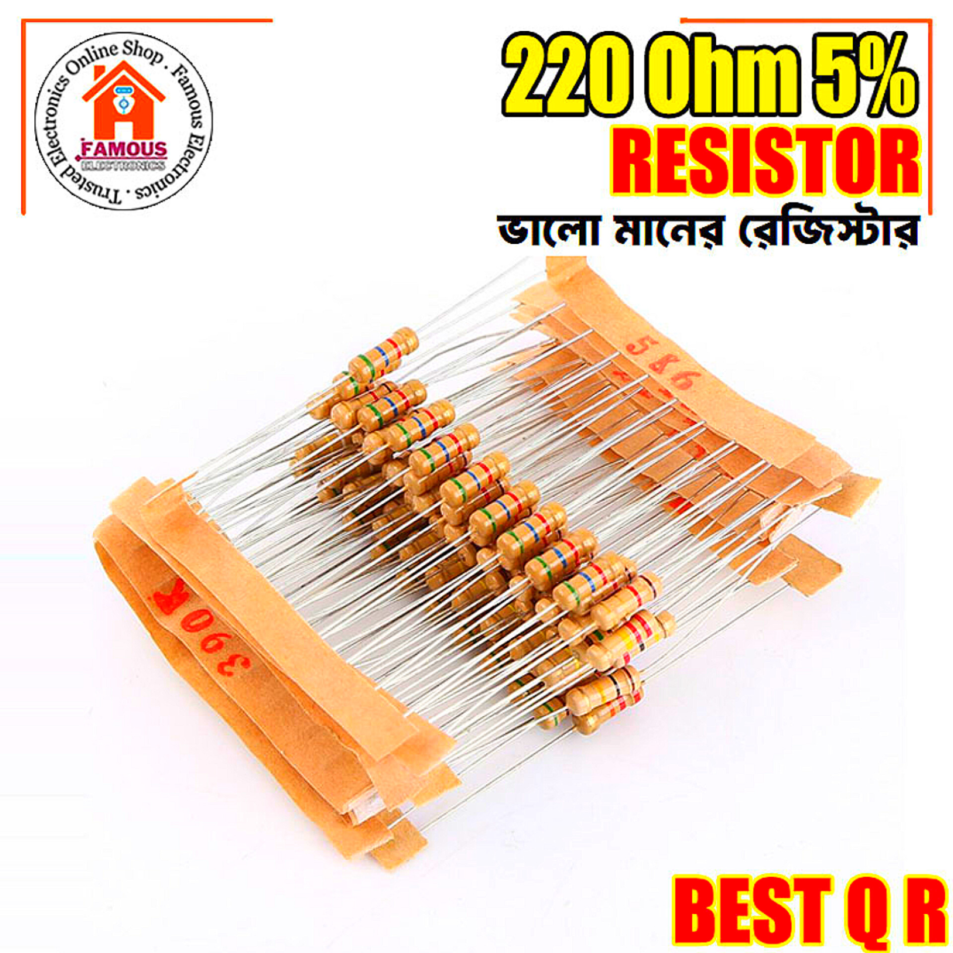 10PCS Resistor 220Ohm Carbon Film Resistor 220 1/4W Resistance 0.25 Watt 5% Tolerance Fixed Resistors For Passive Components Parts
