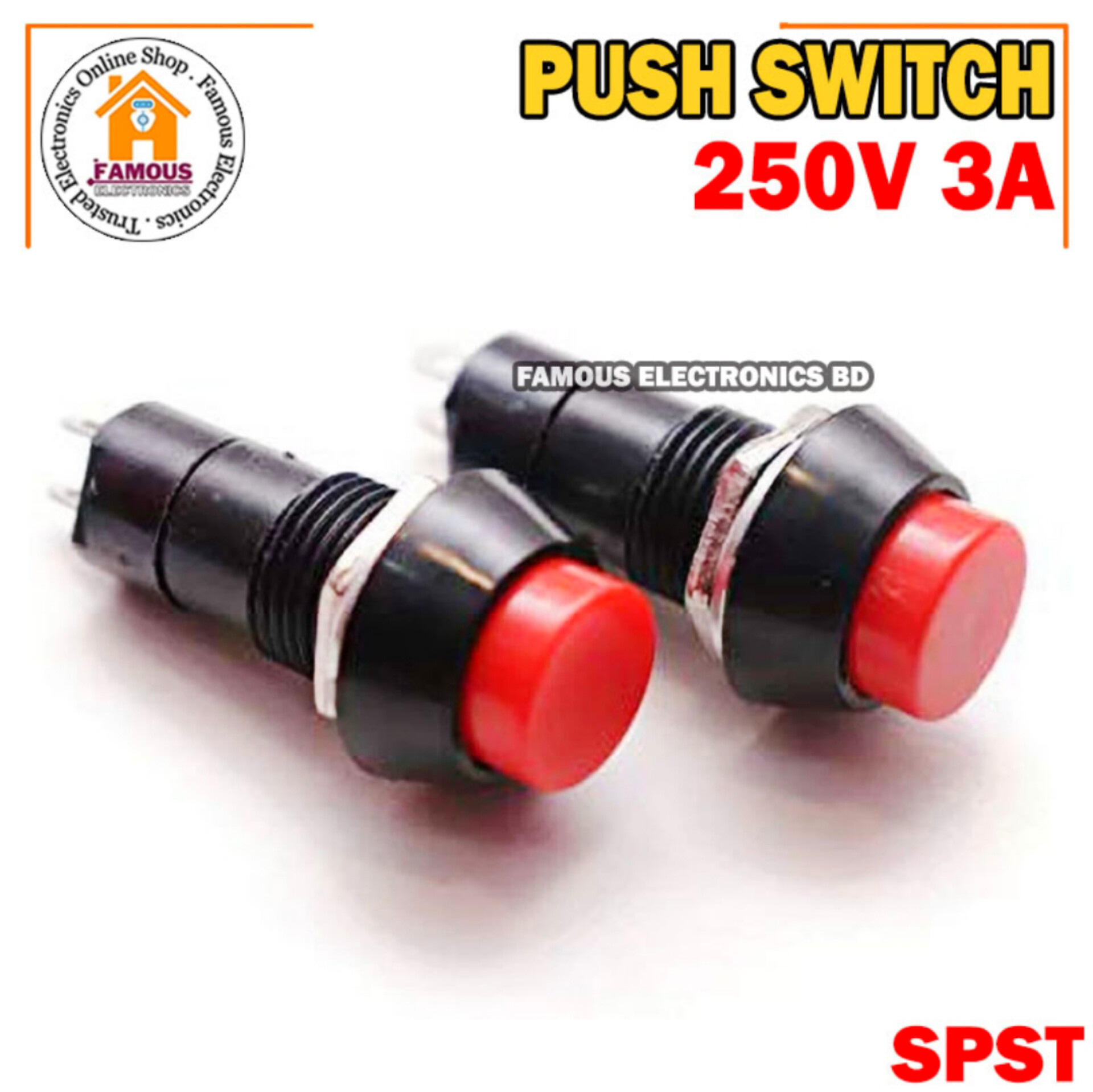 1PCS Push Switch PBS-11 PUSH BUTTON AC 250V 3A 2 Pin Leads On Off SPST RED CAP Plastic Push Button Switch Latching Switches_img_0