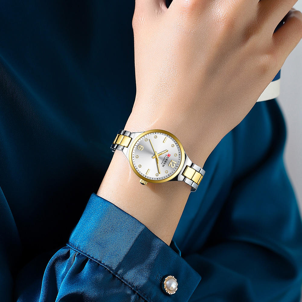 Curren 9105 Ladies Chain Watch- Silver Dial- Golden Bezel- Silver+Golden Chain- CR990CF_img_4