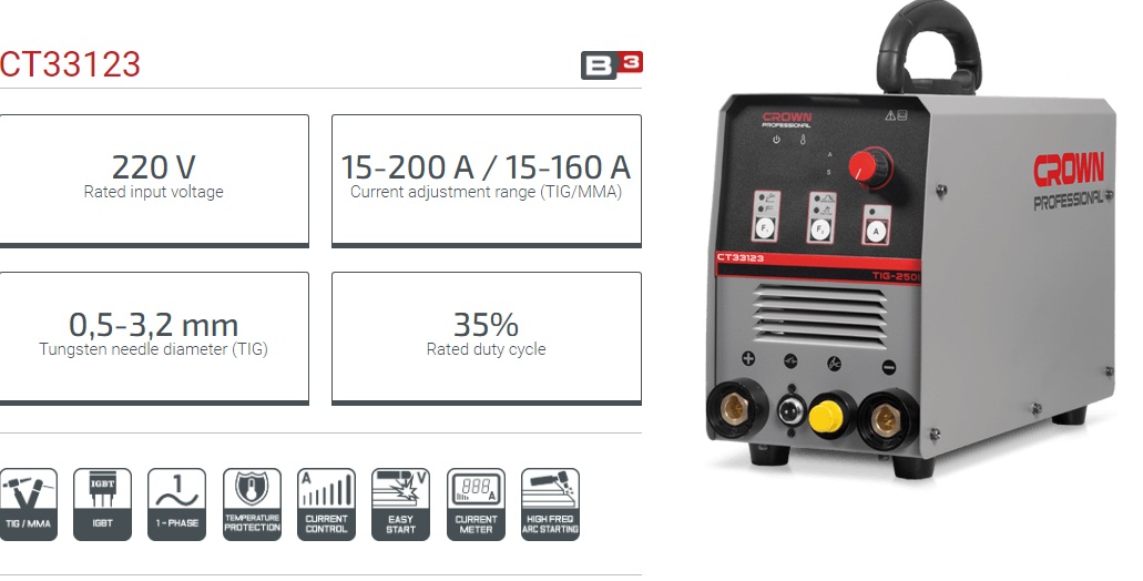 CROWN CT33123 Professional Inverter DC TIG Welding Machine, 220V, 15-200A; CT33123_img_5