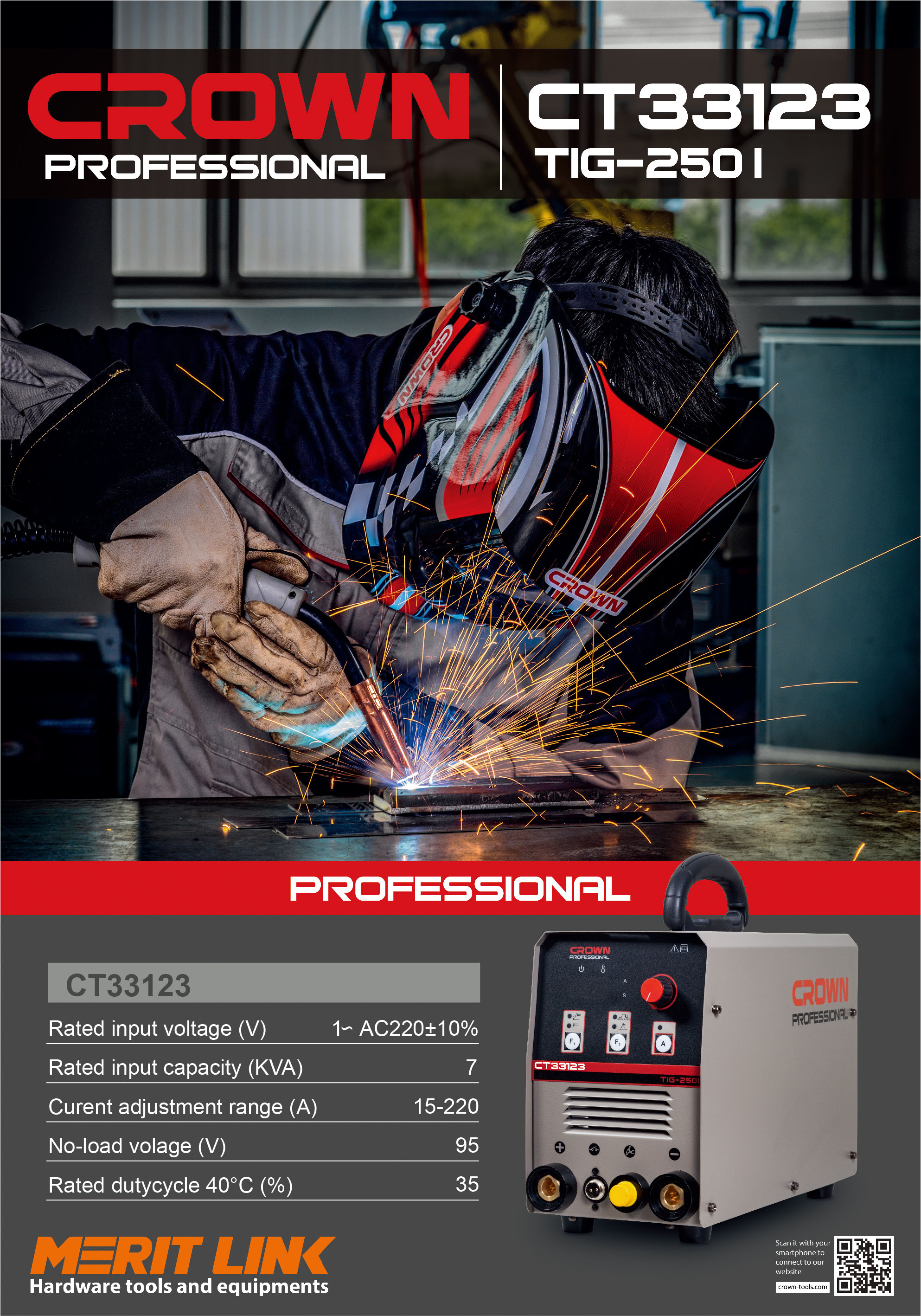 CROWN CT33123 Professional Inverter DC TIG Welding Machine, 220V, 15-200A; CT33123_img_6