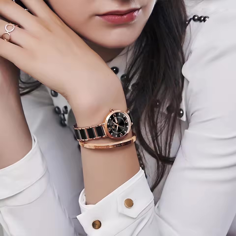 OLEVS 5005L Ladies Chain Watch- Black Dial- Rose Golden Bezel- Black+Rose Golden Chain- TF Code OL946CF_img_2