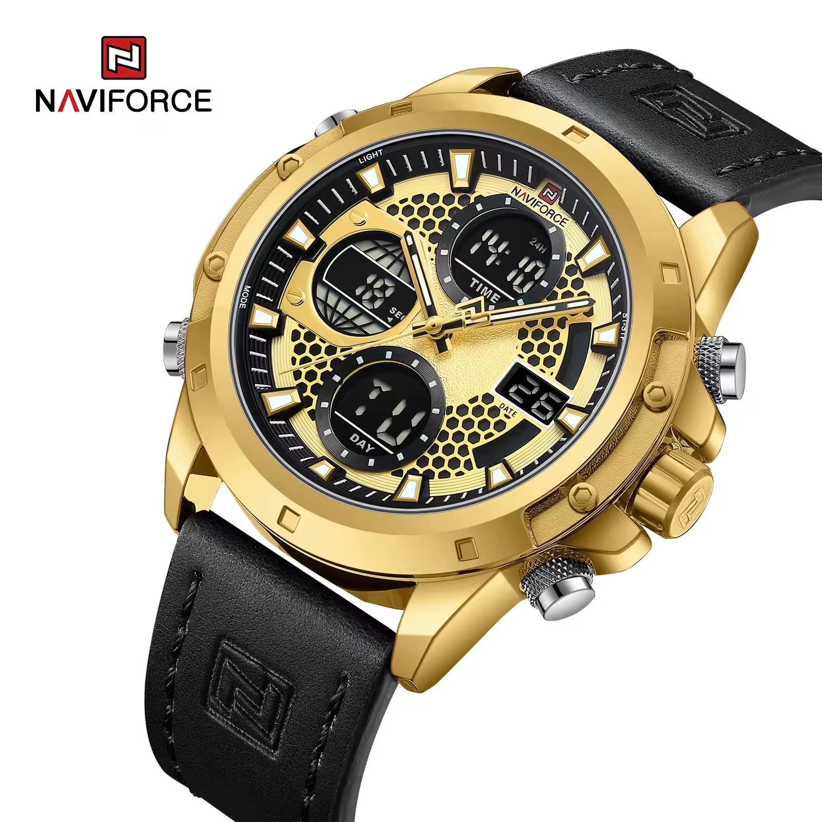 Naviforce 9225 Two Time Gents Belt Watch- Golden Dial- Golden Bezel- Black Belt- TF Code NF982BM_img_1