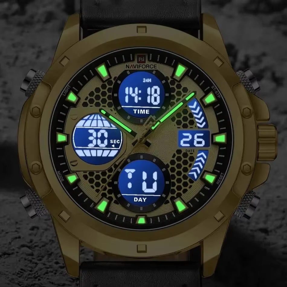 Naviforce 9225 Two Time Gents Belt Watch- Golden Dial- Golden Bezel- Black Belt- TF Code NF982BM_img_5