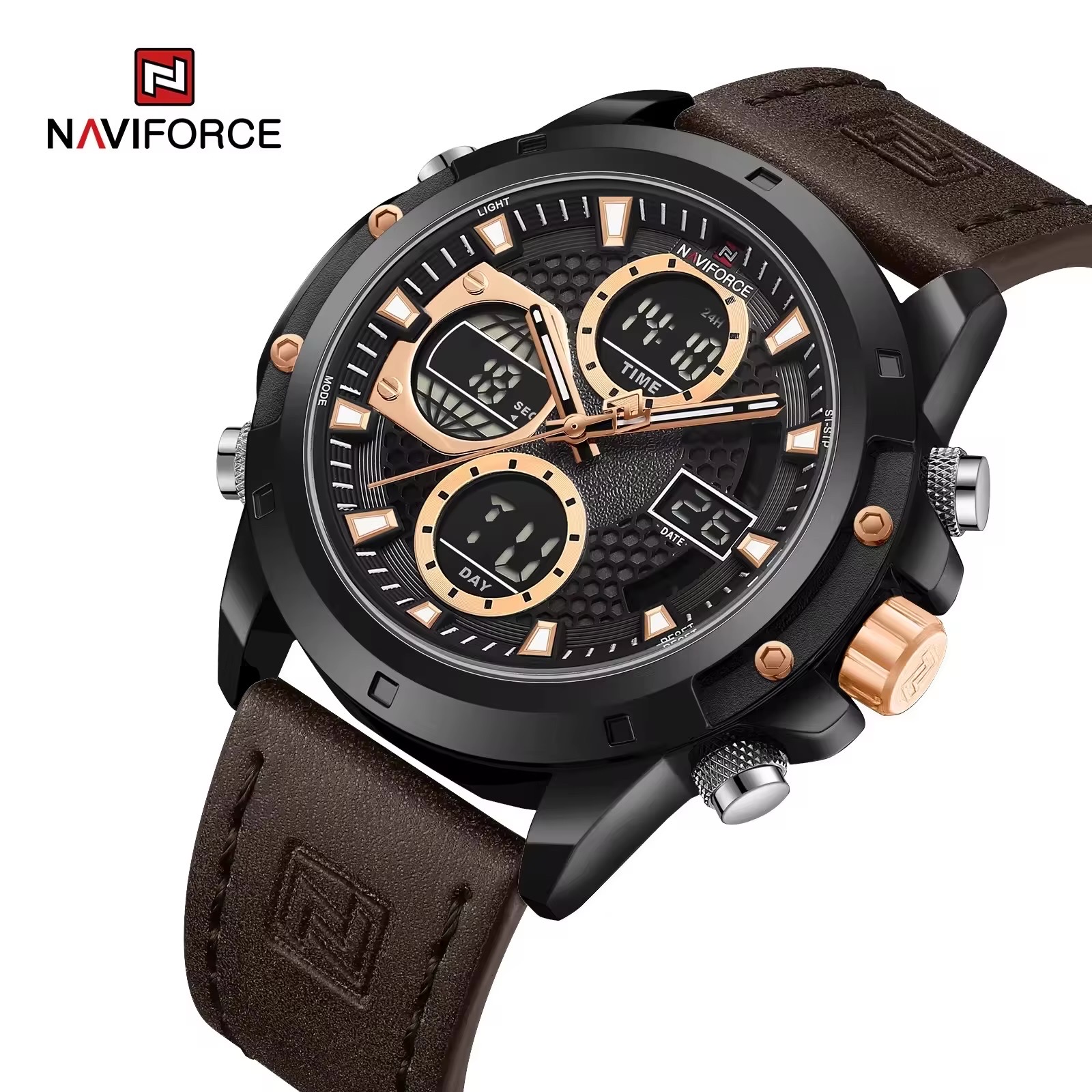 Naviforce 9225 Two Time Gents Belt Watch- Black Dial with Rose Golden Markings- Black Bezel- Chocolate Belt- TF Code NF981BM_img_1