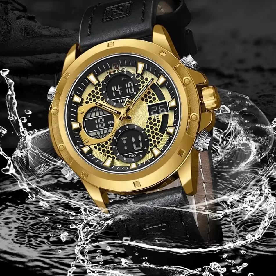 Naviforce 9225 Two Time Gents Belt Watch- Golden Dial- Golden Bezel- Black Belt- TF Code NF982BM_img_4