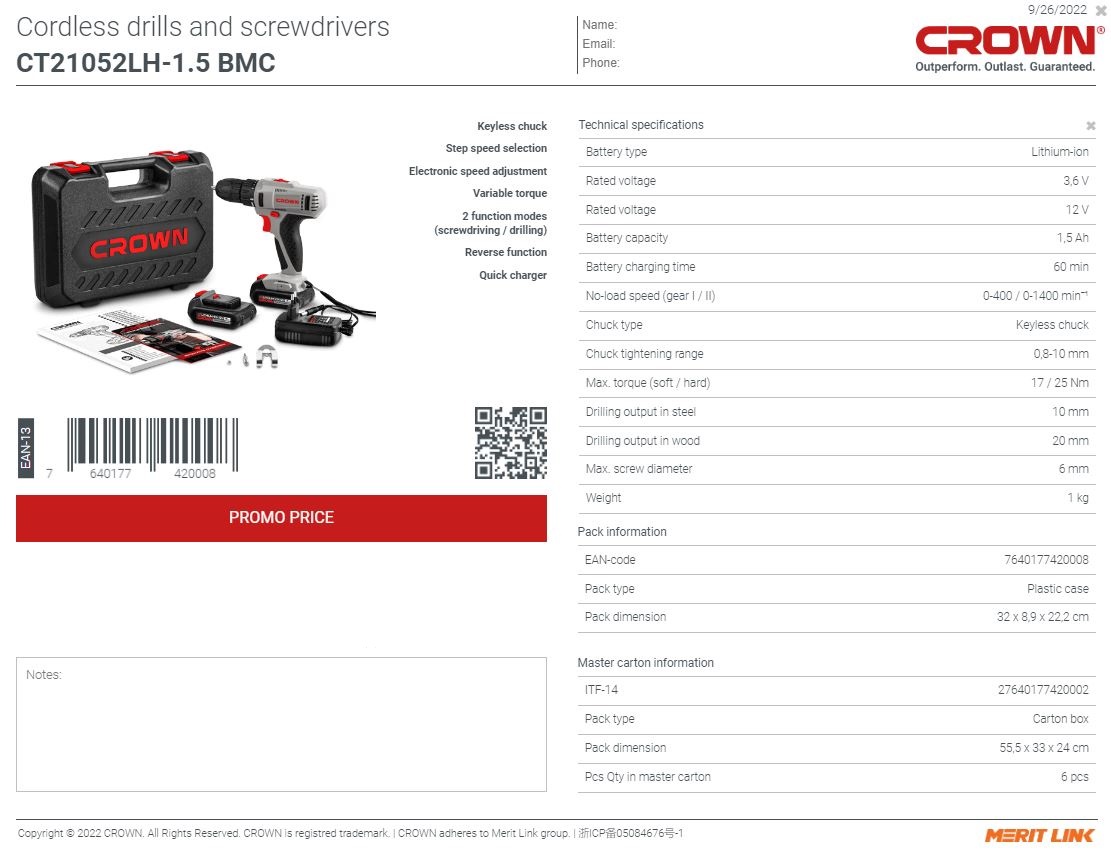 CROWN CT21052LH, Professional Cordless Drill/Screwdriver, 12V, 1.5Ah, 10mm, 25N.m; With 2pcs Battery & Charger; Model: CT21052LH_img_4