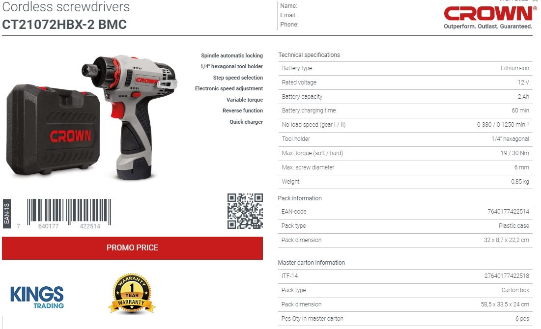 Crown CT21072HBX 12v Cordless Screwdriver with Battery & Charger, 2.0Ah, 30N-m, CT21072HBX-2 BMC_img_2