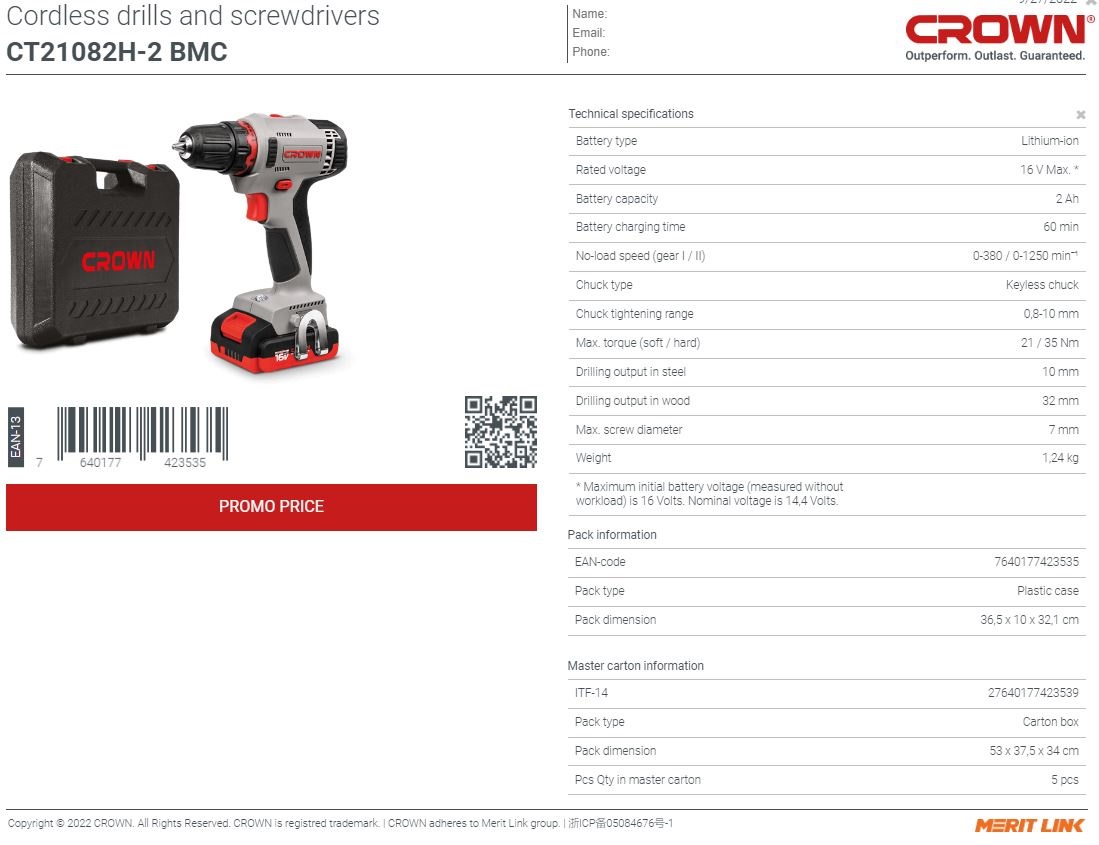 CROWN CT21082H-2 , 16V Professional Cordless Drill/Screwdriver, 2.0Ah, 10mm; CT21082H-2 BMC_img_4