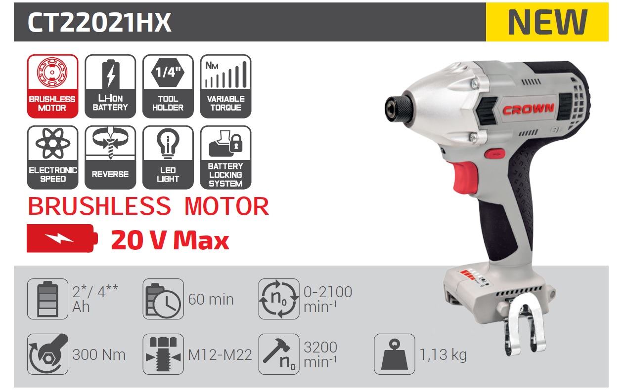 CROWN CT22021HX 20V Professional Cordless Impact Screwdriver ( 2Battery, 1Charger ), 2.0Ah, 6.35mm, 300N.m; CT22021HX-2 TB_img_0