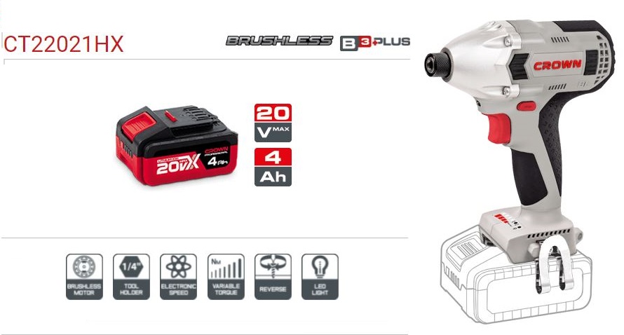 CROWN CT22021HX 20V Professional Cordless Impact Screwdriver ( 2Battery, 1Charger ), 2.0Ah, 6.35mm, 300N.m; CT22021HX-2 TB_img_1
