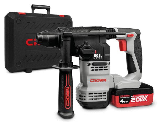 CROWN,CT28001HX,20V Professional Cordless Brushless Rotary Hammer with battery & Charger, 4.0Ah, 20mm; CT28001HX-4 BMC