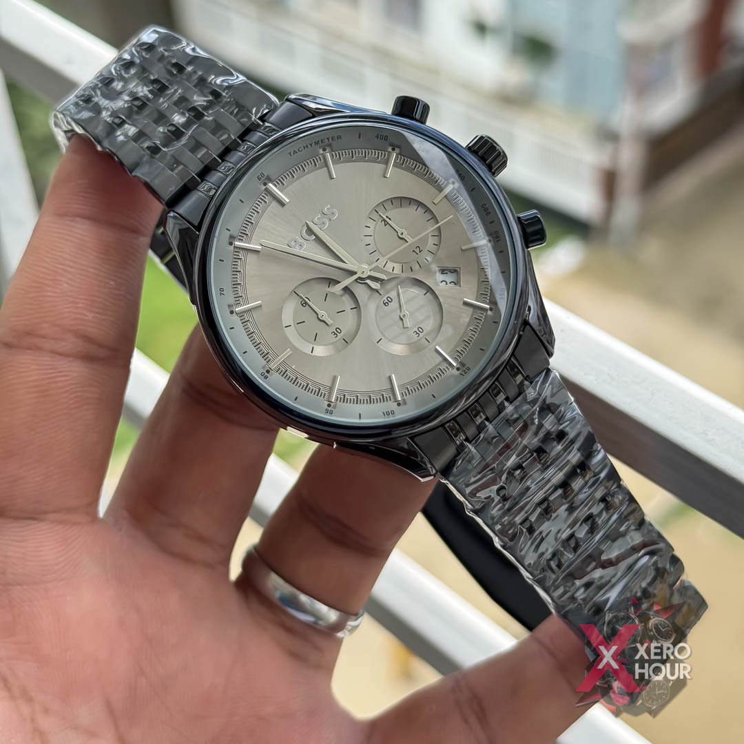 Hugo Boss Chronograph | Single Tone Full Black  Grey dial
