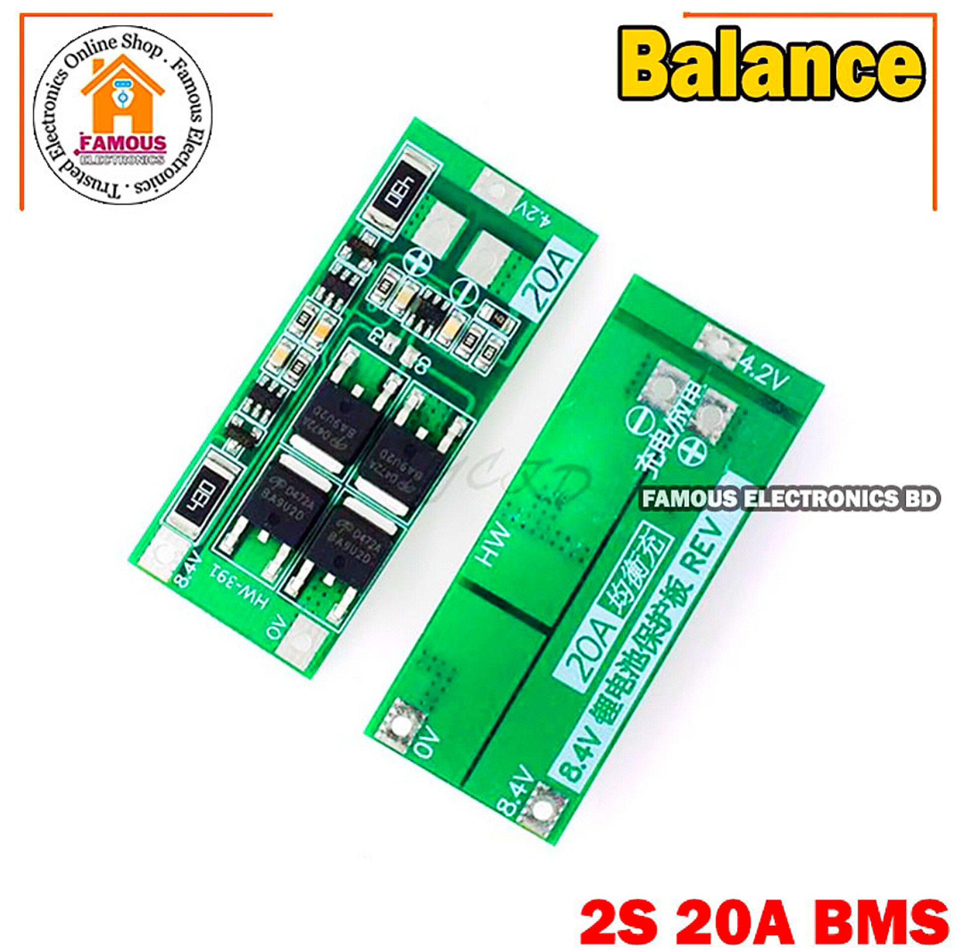 2S BMS 20A Circuit Module 8.4v Li-Ion Battery Protection Board-Balance
